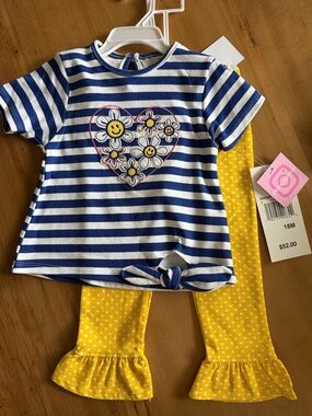 Toddler Striped Flower Top with Yellow Polka Dot Ruffle Pants Set - 18-24 or 2T